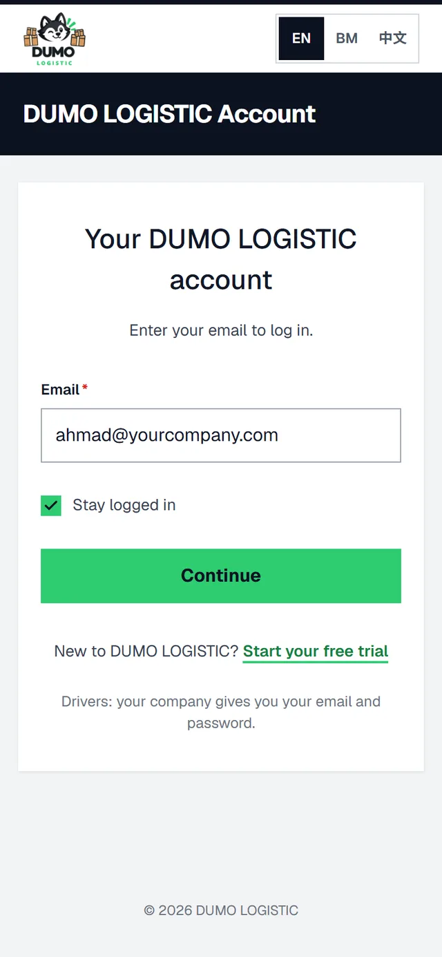 The real DUMO LOGISTIC login page on a phone, with the driver’s email filled in
