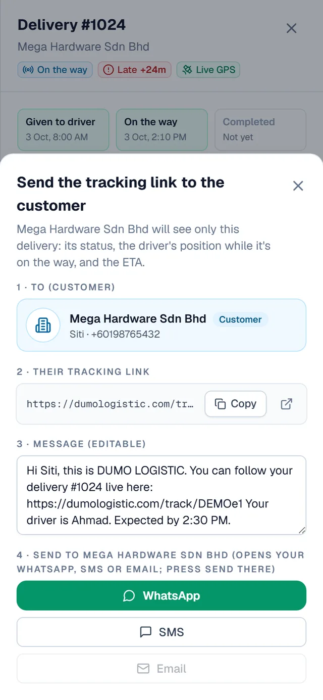 The real “Send the tracking link to the customer” screen with the WhatsApp button