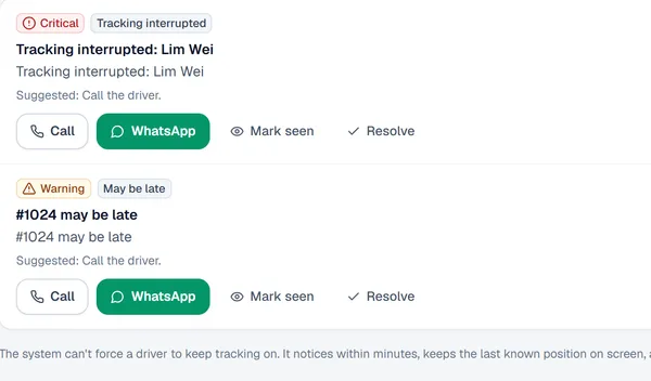 The real alerts screen: tracking interrupted and may be late, with Call and WhatsApp buttons (sample data)