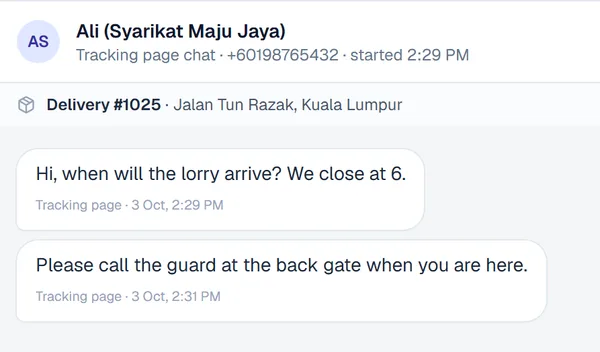The real support inbox: a customer's messages from their tracking page, ready to answer (sample data)