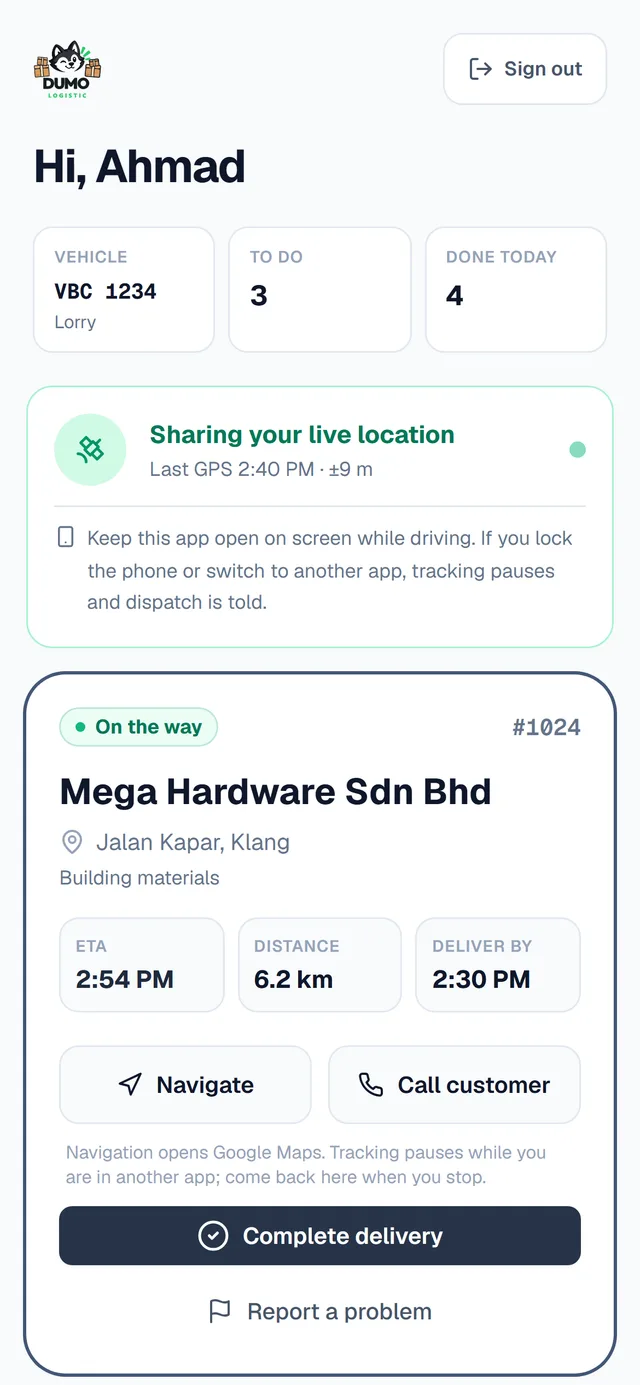 The real driver app showing “Sharing your live location” and the next delivery