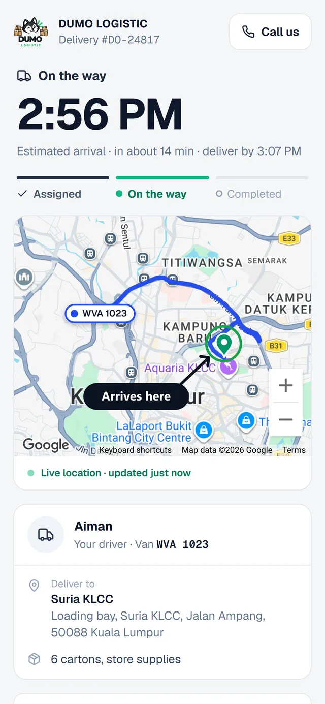 The real customer tracking page on a phone, with the arrival time and map (sample delivery)